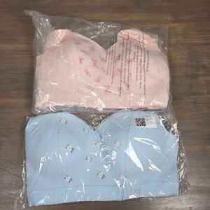 FionaBra Women M Bra 2 Pack Wireless Front Closure Cotton Floral NWT Pink Blue